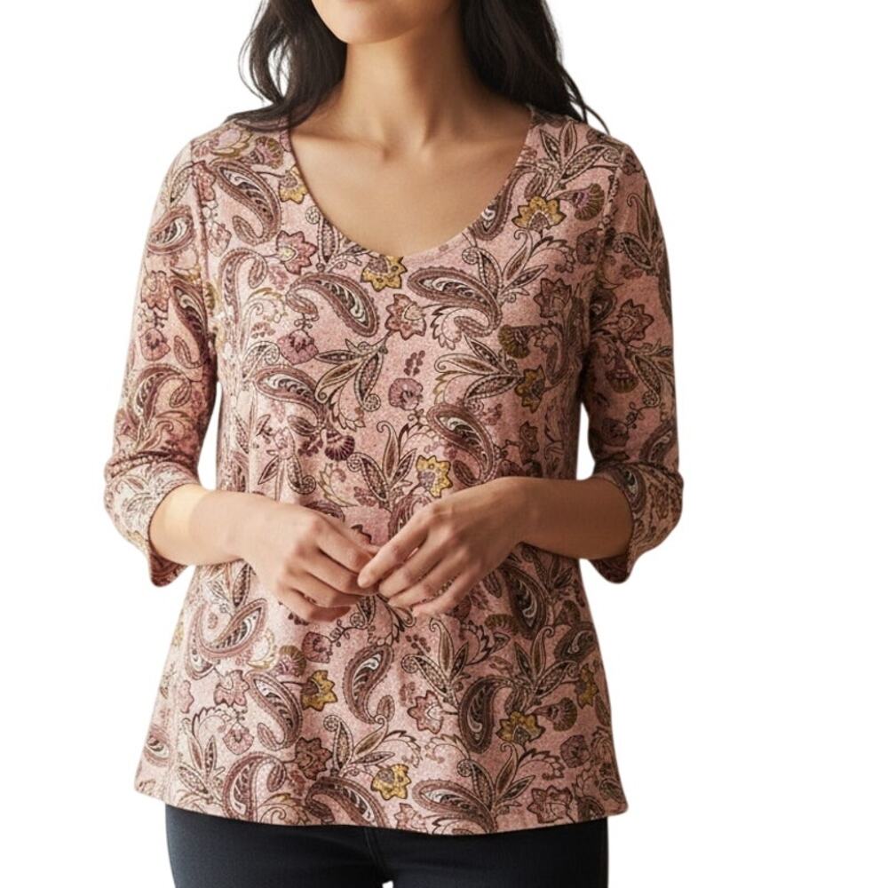 J. Jill Luxe Supima A-Line Tunic Womens Medium Pink Paisley Preppy Softgirl Top